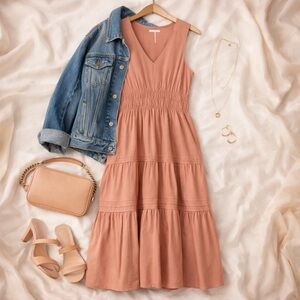 NWT StitchDrop Coral Quartz Midi Dress M-Tiered-Side Pockets Smocked Waist